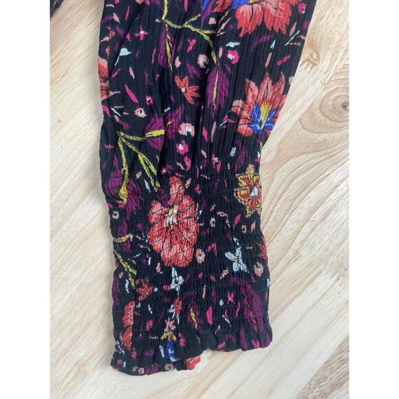Old Navy Women's Size M Black Red Midi Fit & Flare Dress Floral Smocked-Waist - Picture 3 of 10
